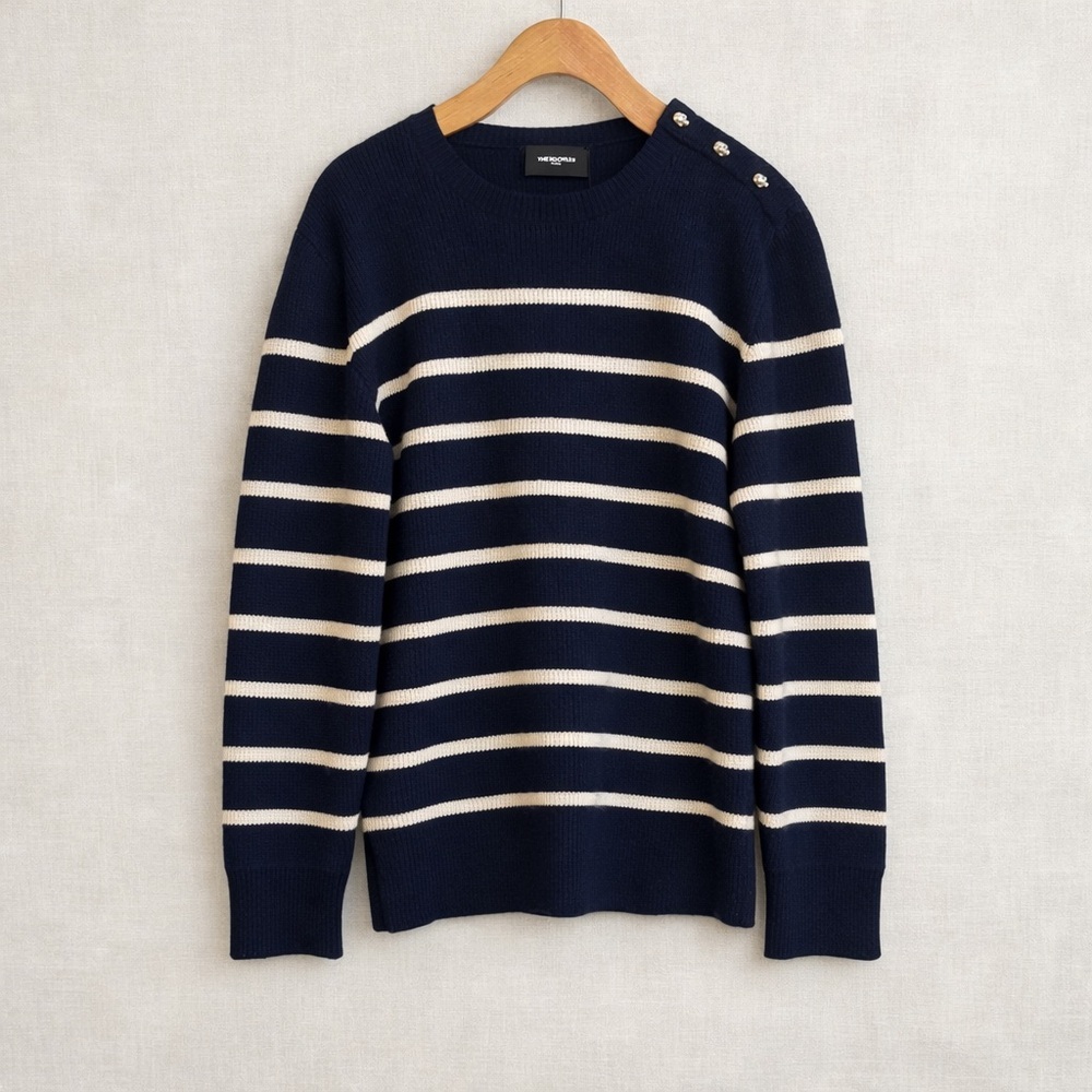 THE KOOPLES Striped Knit Sweater Crewneck Long Sleeve Navy Cream Pullover